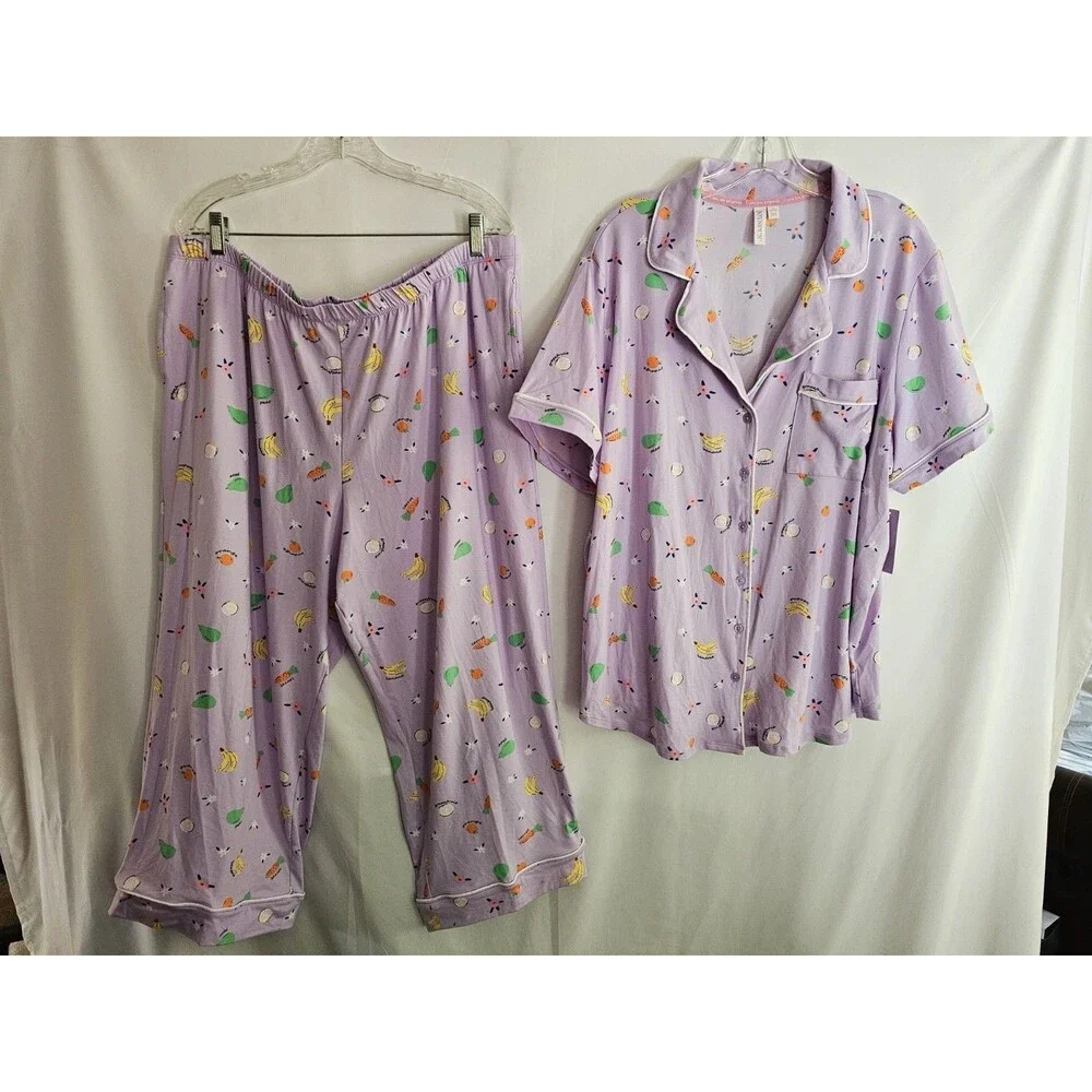 Joyspun NWT Womens 2X Pajama Set Purple Fruit Print Button Front Short Sleeve